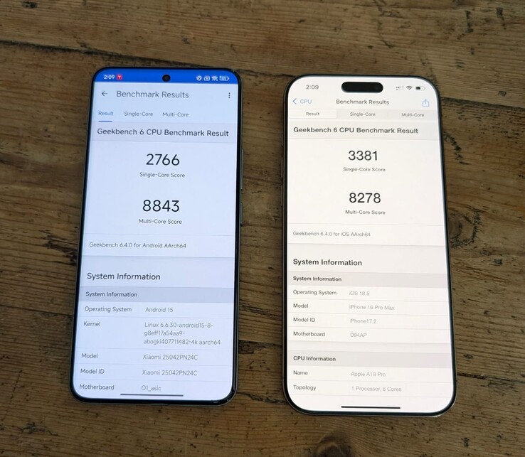 Xiaomi 15S Pro com Xring O1 vs Apple iPhone 16 Pro Max com A18 Pro. (Fonte da imagem: Max Weinbach on X)