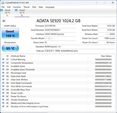 O ADATA SE920 opera na velocidade USB 3.2 Gen2