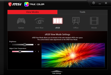 MSI True Color. A configuração sRGB não é totalmente confiável e a tela não está calibrada na fábrica