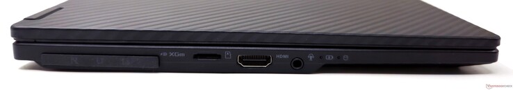 Esquerda: Interface ROG XG Mobile, leitor de cartão microSD, saída HDMI 2.1, conector de áudio combo de 3,5 mm