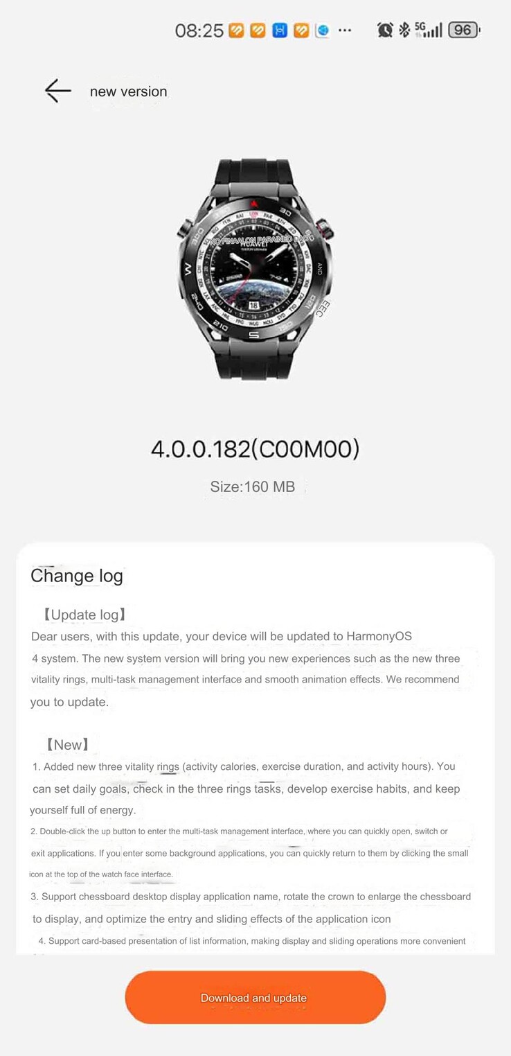 Parte do registro de alterações do software Huawei Watch Ultimate versão 4.0.0.182(C00M00). (Fonte da imagem: Huawei Central via Google Translate)