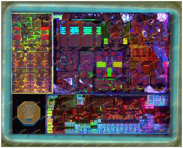 Uma imagem do chip completo de um processador Panther Lake. O projeto combina módulos separados de computação, gráficos e E/S.