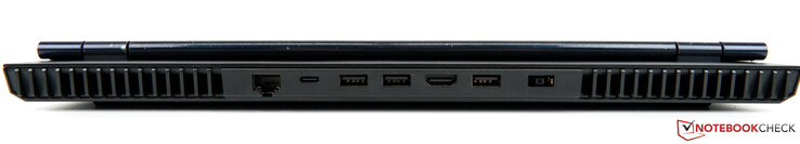 Atrás: Rede/LAN (RJ-45), USB-C 3.2 Gen 2 (DisplayPort 1.4 e fonte de alimentação), 2 x USB-A 3.2 Gen 1, HDMI 2.1, USB-A 3.2 Gen 1, conector de alimentação