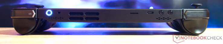 Parte superior: conector de fone de ouvido de 3,5 mm; USB Type-C 4.0 (DisplayPort e Power Delivery); leitor de cartão microSD