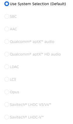 Codecs disponíveis para áudio Bluetooth