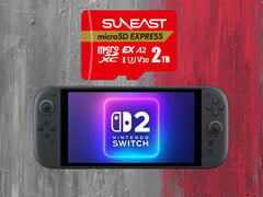 Cartão MicroSD Express Suneast de 2 TB mostrado acima do Switch 2