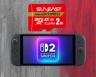 Cartão MicroSD Express Suneast de 2 TB mostrado acima do Switch 2