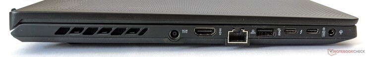 Lado esquerdo: Tomada de alimentação, saída HDMI 2.0b, porta Gigabit Ethernet, uma porta USB-A 3.2 Gen 2, uma porta Thunderbolt 4, uma porta USB-C 3.2 Gen 2 (com suporte para DP 1.4 e PD 3.0), combinação 3.5-mm conector de fone de ouvido/microfone