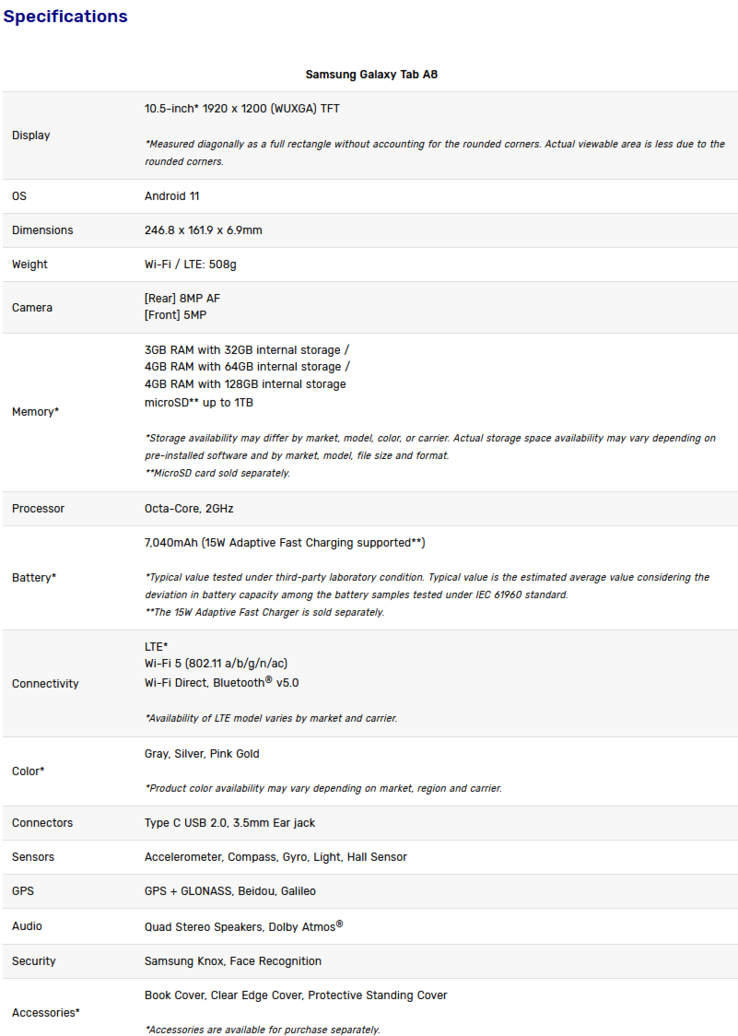 Samsung Galaxy Tab A8 specificstions (imagem via Samsung)