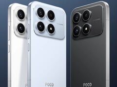 O compacto Poco X8s em branco, preto e azul