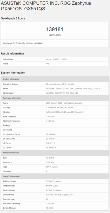 Asus ROG Zephyrus Duo GX551QS com Ryzen 9 5900H e RTX 3080 Móvel em Geekbench. (Fonte: Geekbench)