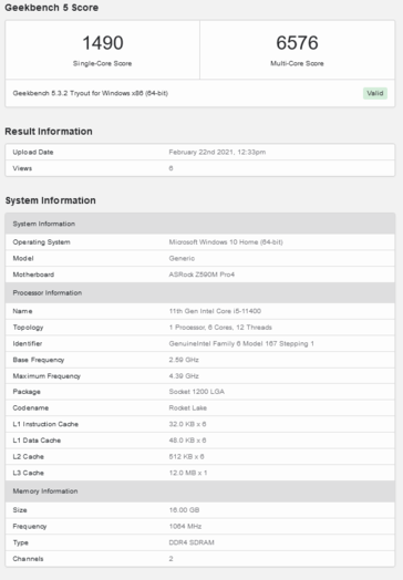 Intel Core i5-11400 Geekbench run (imagem via Geekbench)