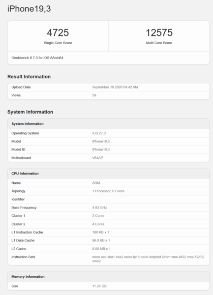 CPU Apple A20 Pro no Geekbench 6.7