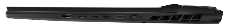 À direita: USB 3.2 Gen 2 (USB-A), 2x Thunderbolt 4 (USB-C; DisplayPort), Mini DisplayPort, HDMI, Gigabit Ethernet