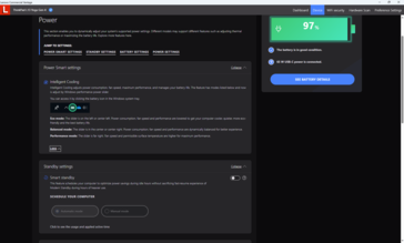 Menu de configurações de energia