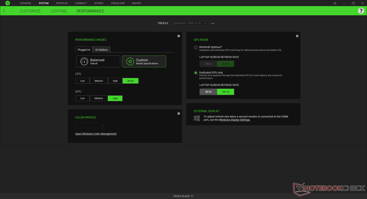Ajustamos nosso sistema para o modo de desempenho máximo com a GPU discreta ativa antes de executar qualquer parâmetro de referência abaixo para as notas mais altas possíveis