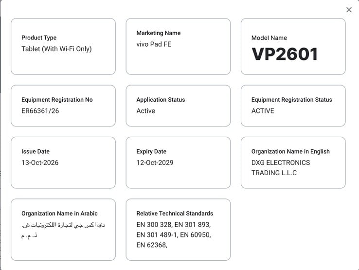 Listagem do Vivo Pad FE na TDRA.