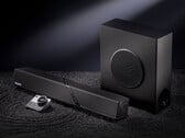 O conjunto de alto-falantes para desktop custa cerca de US$ 548 na China. Na foto: uma imagem promocional mostrando a barra de som, o woofer e o controlador.