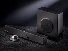O conjunto de alto-falantes para desktop custa cerca de US$ 548 na China. Na foto: uma imagem promocional mostrando a barra de som, o woofer e o controlador.