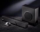 O conjunto de alto-falantes para desktop custa cerca de US$ 548 na China. Na foto: uma imagem promocional mostrando a barra de som, o woofer e o controlador.