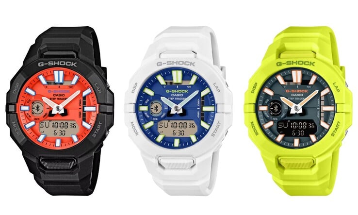 Da esquerda para a direita: os relógios Casio G-Shock GBA950-1A4, GBA950-7A2 e GBA950-9A3