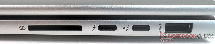 Direita: 1x SuperSpeed USB Tipo-A 10 Gbit/s, 2x Thunderbolt 4 com taxa de transferência USB 4 Tipo-C 40 Gbit/s (fonte de alimentação USB, DisplayPort 1.4, HP Sleep and Charge), 1x leitor de cartão SD