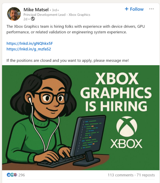 Anúncio de emprego de Mike Matsel no LinkedIn para a posição Xbox Graphics (Fonte da imagem: conta de Mike Matsel no LinkedIn)