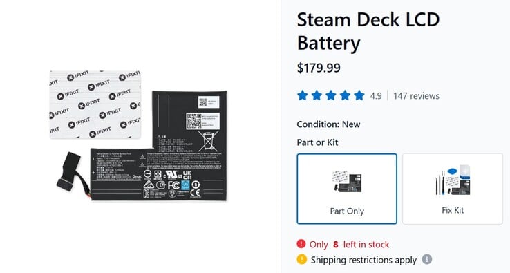 Bateria do LCD do Steam Deck listada no iFixit. 