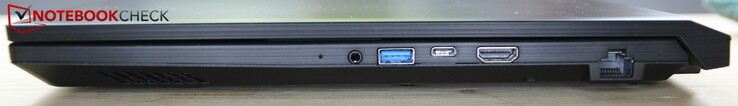 Direita: porta de fone de ouvido, USB-A 3.0, USB-C 3.0, HDMI