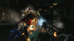Big daddy e little sister Em combate com o jogador em Bioshock