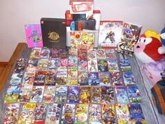 Uma coleção de cartuchos do Nintendo Switch na foto
