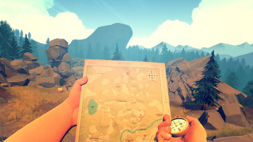 Imagem do jogo Firewatch mostrando um mapa e uma bússola. (Fonte da imagem: Steam)