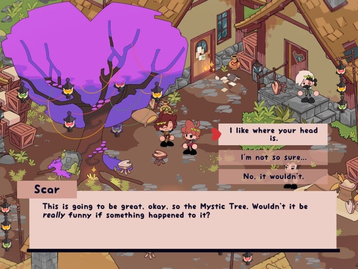 A jogabilidade consiste principalmente em explorar a ilha como Grian, conversar com personagens e procurar segredos. (Na imagem: uma captura de ecrã de Heartfall: A Tale in Three Lives.)