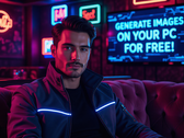 Imagem gerada por IA de um homem com uma jaqueta cyberpunk iluminada por neon sentado em um sofá em um clube elegante. Uma TV atrás dele diz: "GERE IMAGENS EM SEU PC GRATUITAMENTE" (Fonte da imagem: AI Generated)