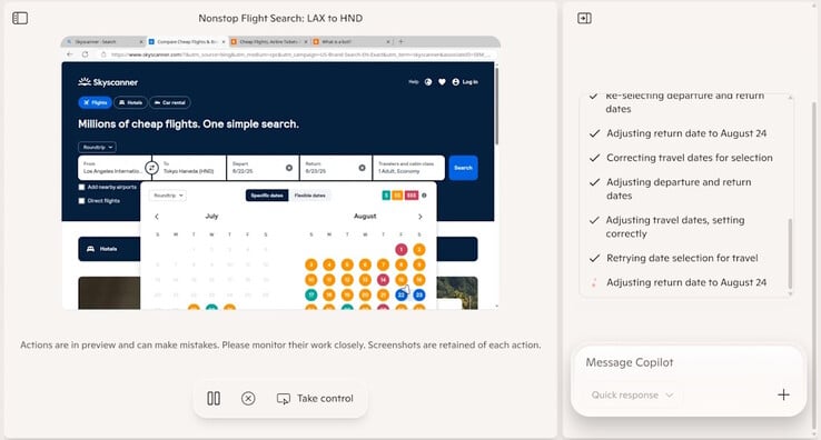 A IA que alimenta o Copilot Mode para o Edge ainda precisa ser trabalhada, pois não conseguiu selecionar um intervalo de datas ao procurar voos disponíveis durante um breve teste. (Fonte da imagem: Notebookcheck)