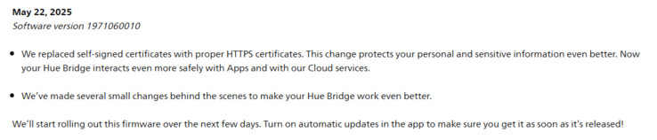 As notas de lançamento da versão do software Philips Hue Bridge 1971060010. (Fonte da imagem: Philips)