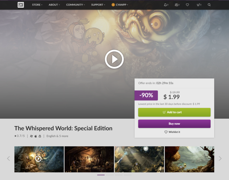 The Whispered World: Special Edition está com desconto de US$ 1,99 no momento, mas se o vazamento for verdadeiro, ele se tornará gratuito às 15h (horário de Brasília) do dia 12 de dezembro. (Fonte da imagem: GOG)