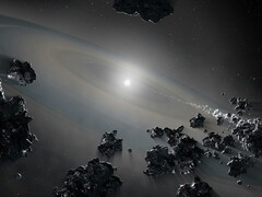 Uma ilustração mostrando vários asteroides.