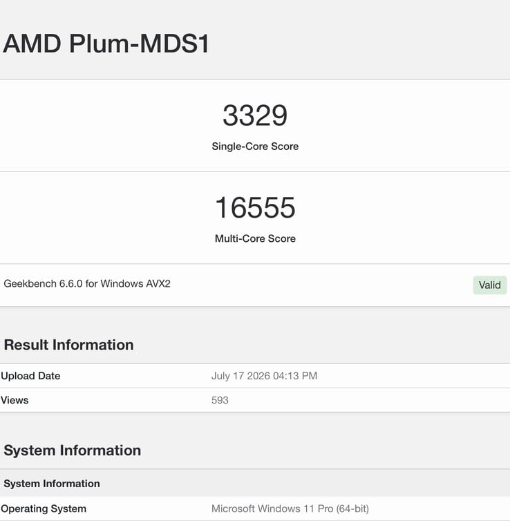 A imagem mostra a listagem do Geekbench 6 da amostra de engenharia do Zen 6 que vazou.