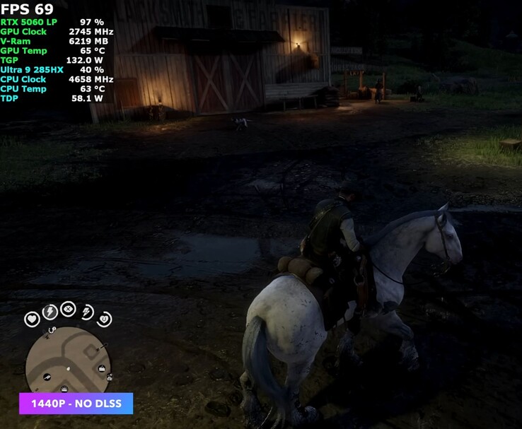 Red Dead Redemption 2 rodando a 1440p sem DLSS no Minisforum MS-02 Ultra com uma GPU RTX 5060 de baixo perfil (Fonte da imagem: YouTube/ETA Prime)