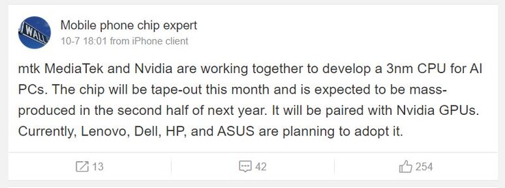 O usuário do Weibo alega que a Nvidia e a MediaTek em breve acabarão com a festa dos processadores para desktop. (Fonte da imagem: Mobile Chip Expert via Weibo)