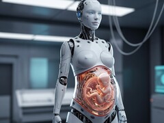 Um robô carregando um feto humano em um útero artificial (Fonte da imagem: imagem ilustrativa gerada por IA)