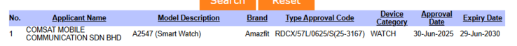 Uma captura de tela do banco de dados SIRIM mostrando um smartwatch Amazfit com o número de modelo A2547. (Fonte da imagem: SIRIM)