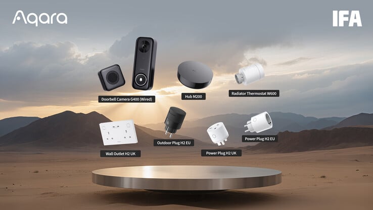 A Aqara mostrou o Hub M200 (acima, no centro) junto com outros produtos para casa inteligente na IFA 2025. (Fonte da imagem: Aqara)