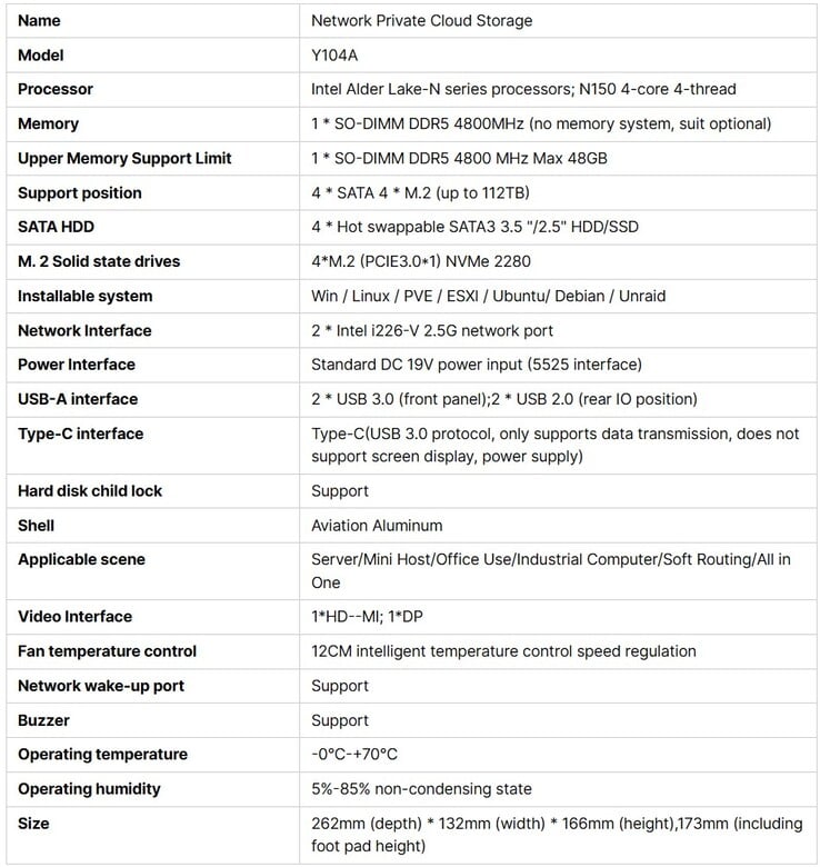 Especificações completas do NAS MaiYunda Y104A (Fonte da imagem: Alibaba)