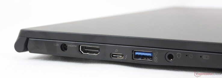 Esquerda: adaptador AC, HDMI 2.0, USB-C c/ Thunderbolt 4 + DisplayPort + Power Delivery, USB Tipo A USB 3.2 Gen. 1, 3.5 mm de áudio combinado