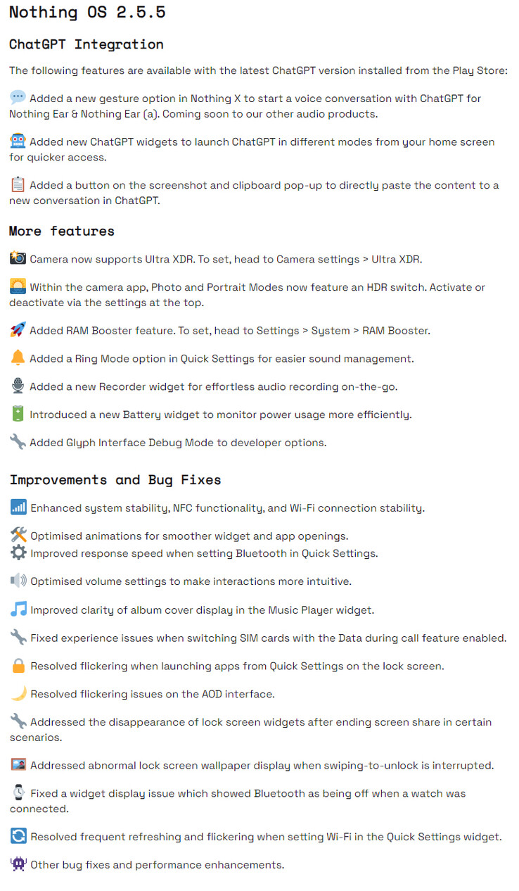 Registro de mudanças completo do Nothing OS 2.5.5 para o Phone 2 (Fonte da imagem: Nothing)