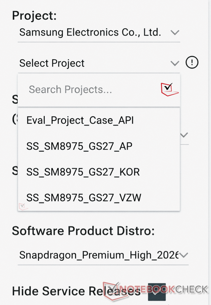 A lista de projetos da Samsung que mostra as regiões onde o SM8975 está sendo testado atualmente
