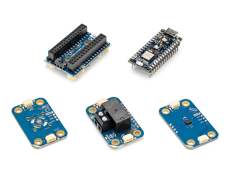 Arduino Matter Discovery Bundle com a placa Nano Matter, o Connector Carrier e o sensor Modulino