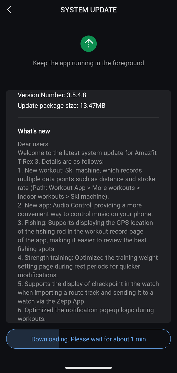 O registro de alterações da atualização do Amazfit T-Rex 3 versão 3.5.4.8. (Fonte da imagem: u/Ech0ke via Reddit)